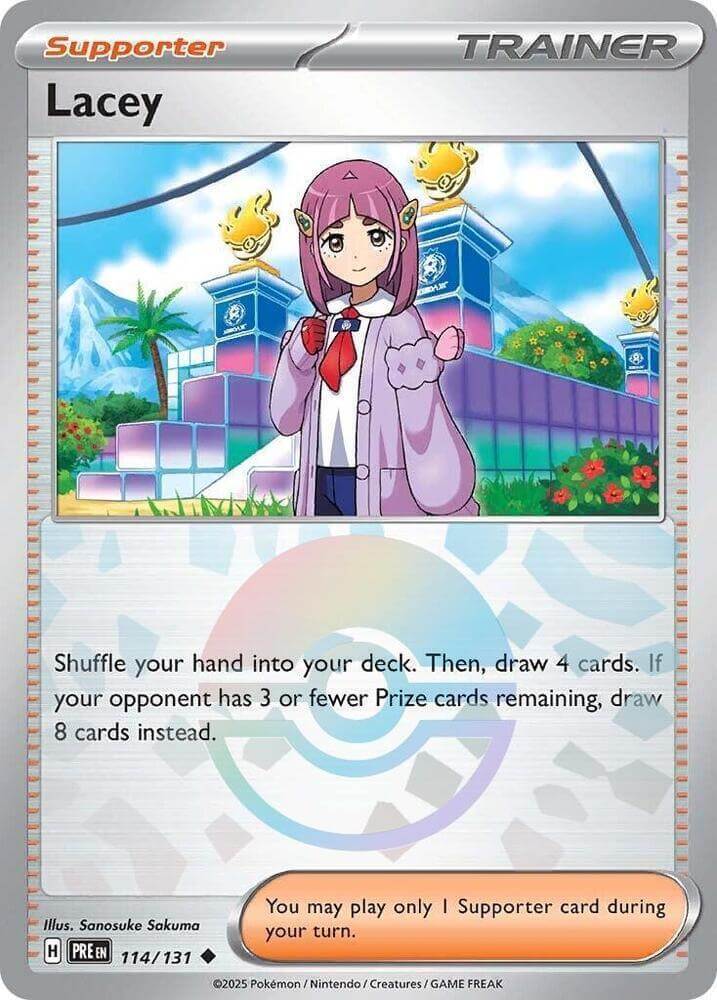 Lacey (114/131) (Poke Ball Pattern) [Scarlet & Violet: Prismatic Evolutions] card featuring character art and description.