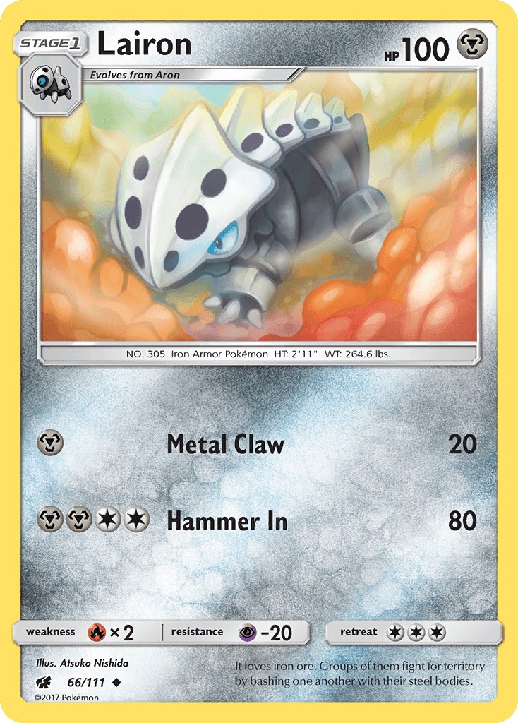 Lairon (66/111) [Sun & Moon: Crimson Invasion] card showcasing metal claw and hammer in attacks.