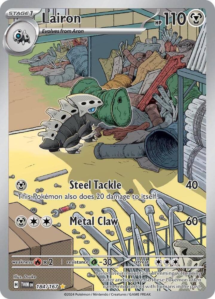 Lairon (184/167) [Scarlet & Violet: Twilight Masquerade] card art showcasing details like Steel Tackle and Metal Claw.