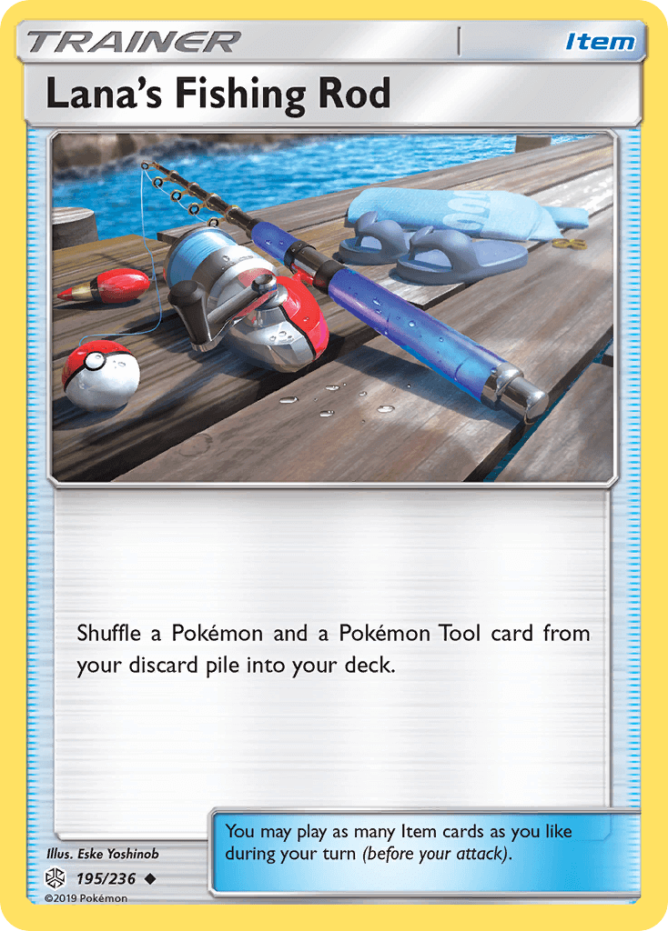 Lana's Fishing Rod (195/236) [Sun & Moon: Cosmic Eclipse] card featuring a fishing rod on a dock.