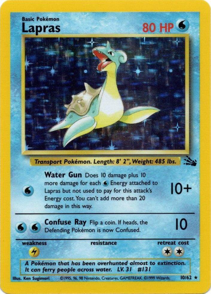 Lapras (10/62) [Fossil Unlimited] trading card featuring Water-type and Holo Rare characteristics.