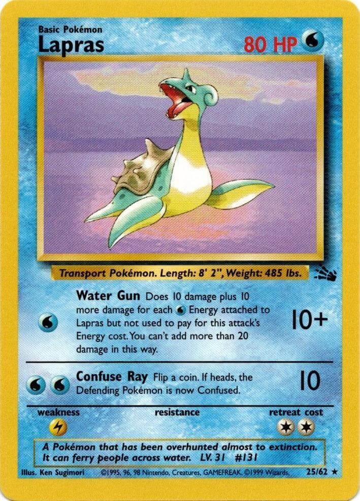 Lapras (25/62) [Fossil Unlimited] trading card featuring Water Gun attack and Confuse Ray ability.