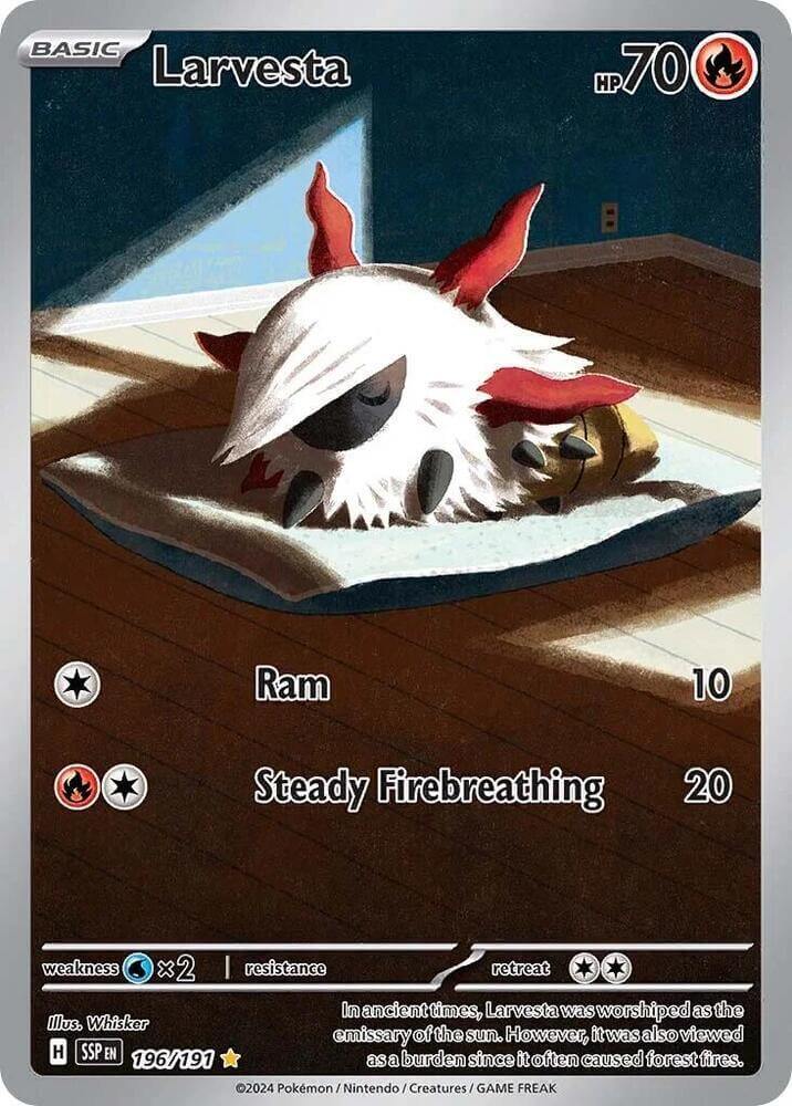 Larvesta (196/191) [Scarlet & Violet: Surging Sparks] card with Fire type features and shiny rare illustration.