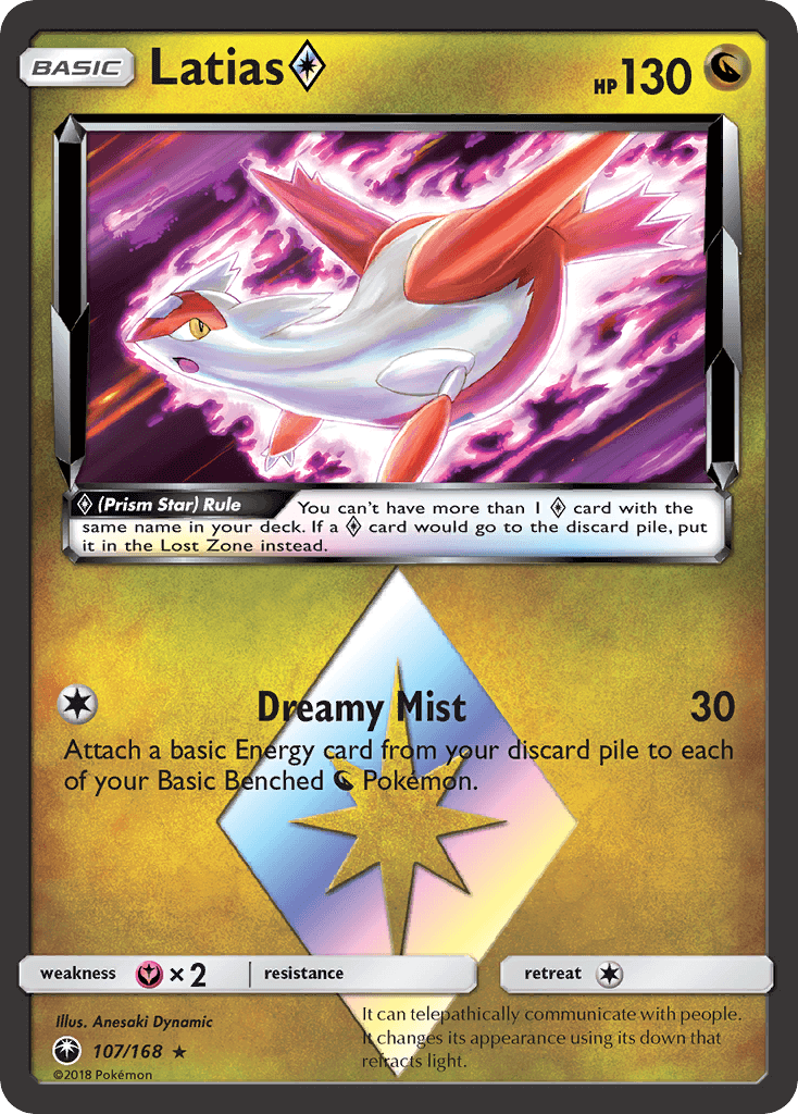 Latias (107/168) (Prism Star) [Sun & Moon: Celestial Storm] card featuring Dreamy Mist move and holo rare design.