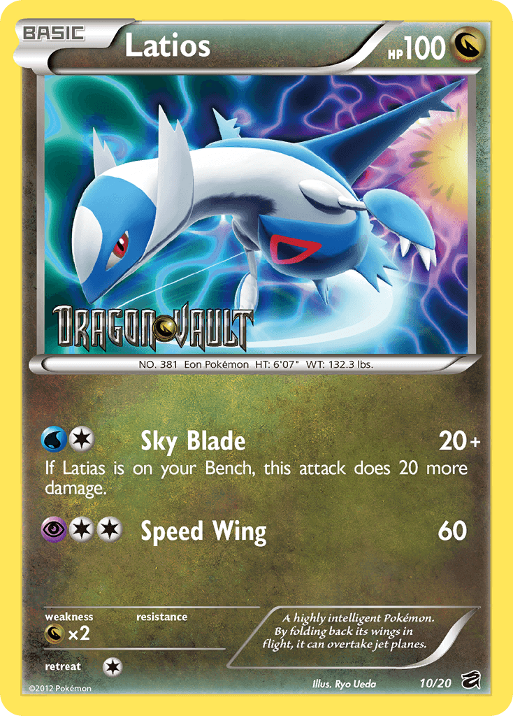 Latios (10/20) (Blister Exclusive) [Black & White: Dragon Vault] card featuring Sky Blade and Speed Wing attacks.