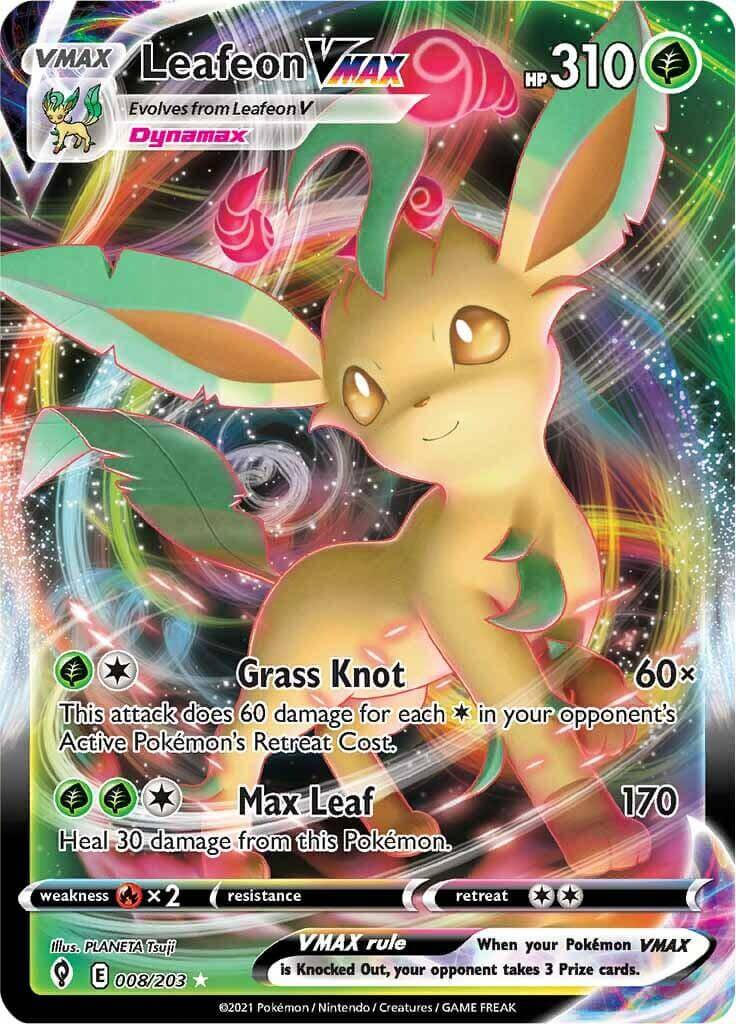 Leafeon VMAX (008/203) [Sword & Shield: Evolving Skies] card featuring Grass and Ultra Rare elements.
