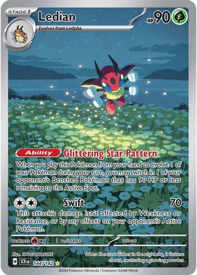 Ledian (144/142) [Scarlet & Violet: Stellar Crown] showcasing ability Glittering Star Pattern in a vibrant setting.