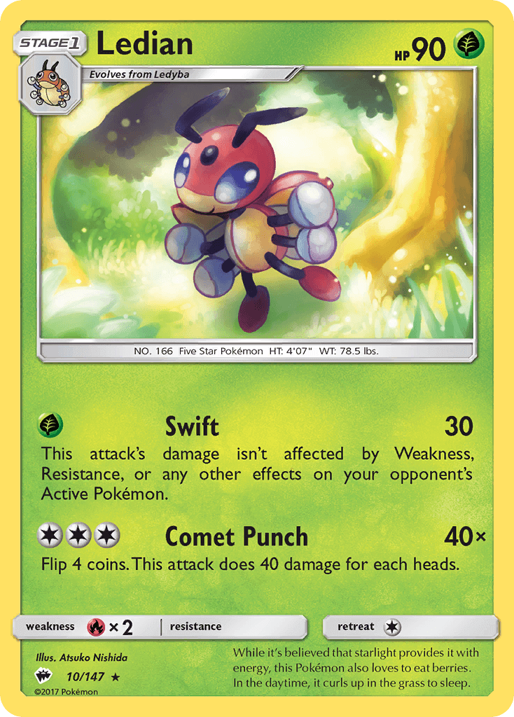 Ledian (10/147) [Sun & Moon: Burning Shadows] card featuring Grass type, HP 90, with Swift and Comet Punch moves.