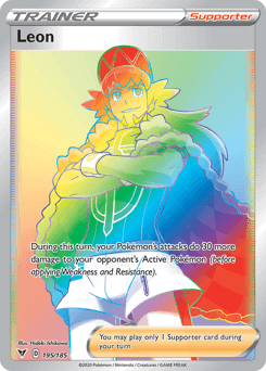 Leon (195/185) [Sword & Shield: Vivid Voltage] Secret Rare Supporter card with colorful background.