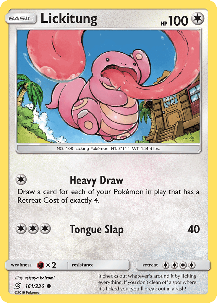 Lickitung (161/236) [Sun & Moon: Unified Minds] trading card featuring Heavy Draw and Tongue Slap attacks.