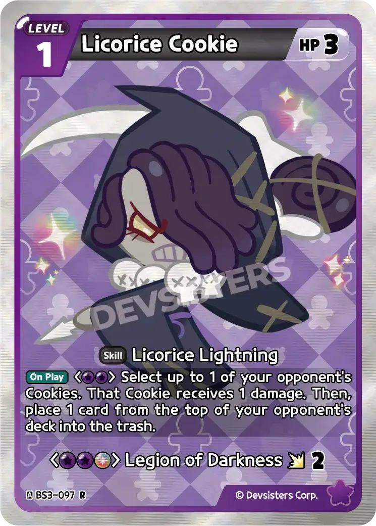 Licorice Cookie (BS3-097) R – Shining Resonance | Cookie Run TCG Rare Card showcasing dark charisma and forbidden magic.
