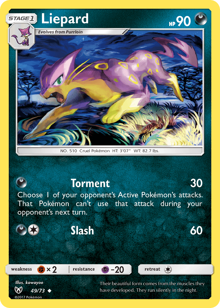 Liepard (49/73) [Sun & Moon: Shining Legends] card showcasing its abilities and artwork with Darkness type elements.
