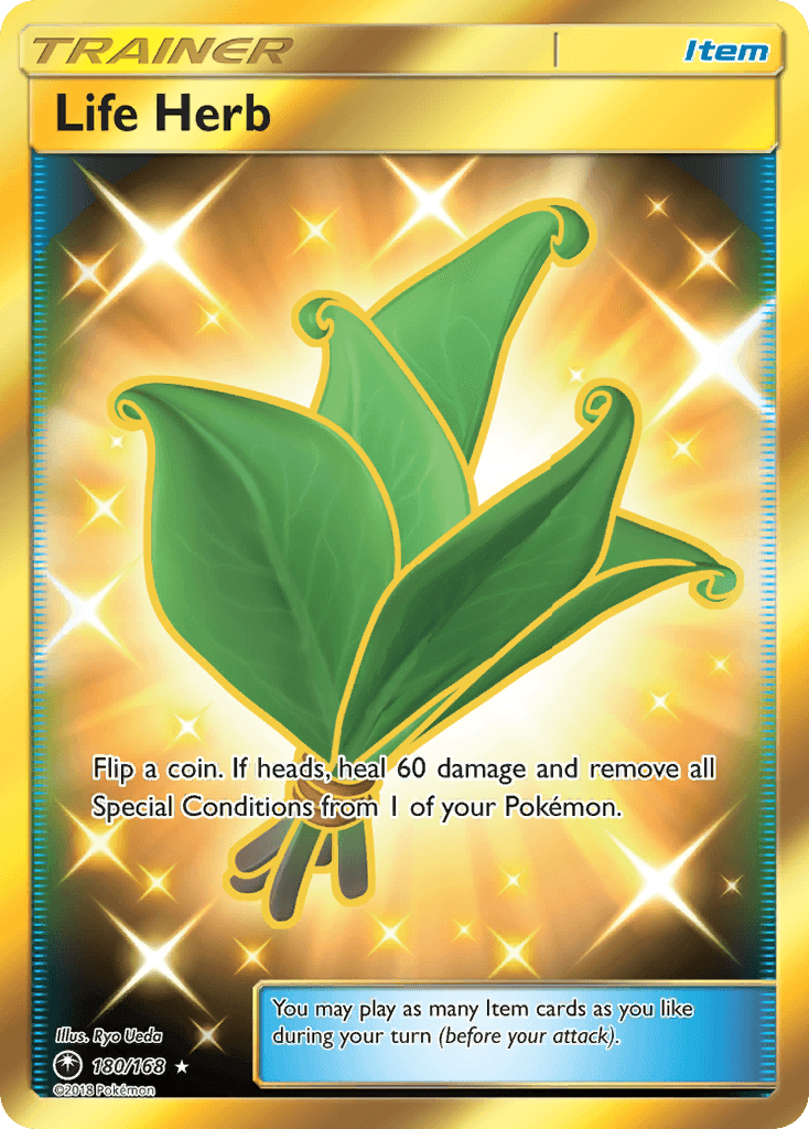 Life Herb (180/168) [Sun & Moon: Celestial Storm] collectible trading card with vivid leaf design.
