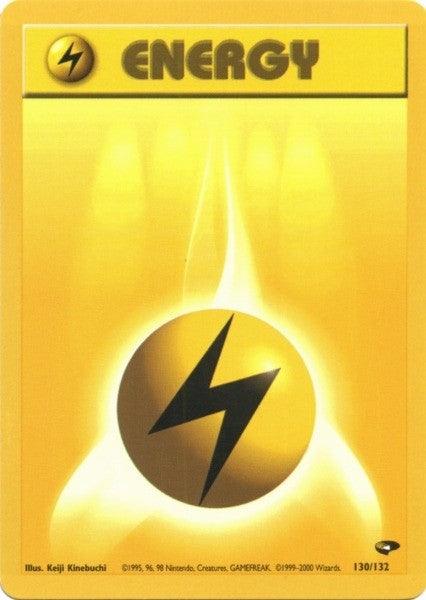 Lightning Energy (130/132) [Gym Challenge Unlimited] card featuring a lightning bolt on a yellow background.