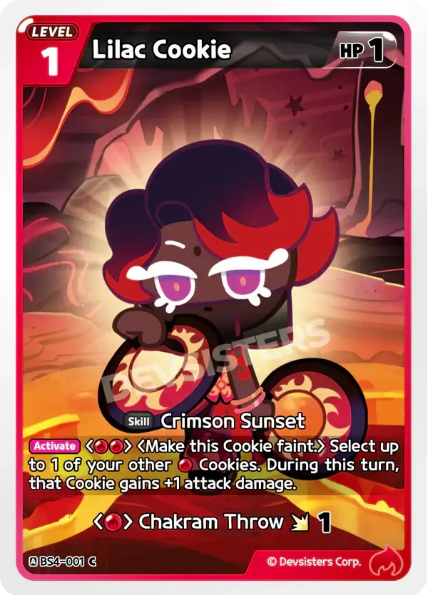 Lilac Cookie BS4-001 C | Common Cookie trading card featuring skill Crimson Sunset and attack ability.