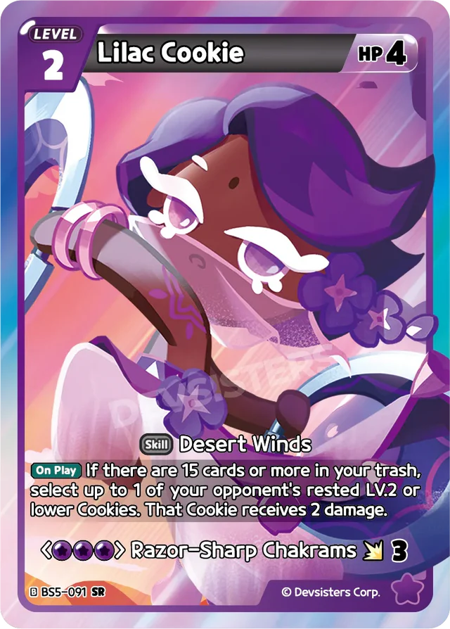 Lilac Cookie BS5-091 SR | Super Rare Card showcasing a character with skills and art details.