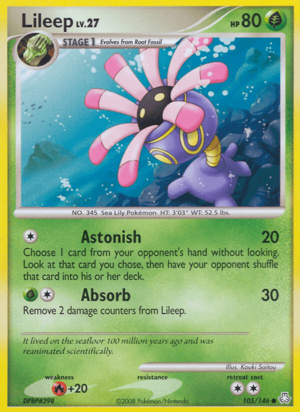 Lileep (105/146) [Diamond & Pearl: Legends Awakened] card featuring Grass type and abilities Astonish and Absorb.