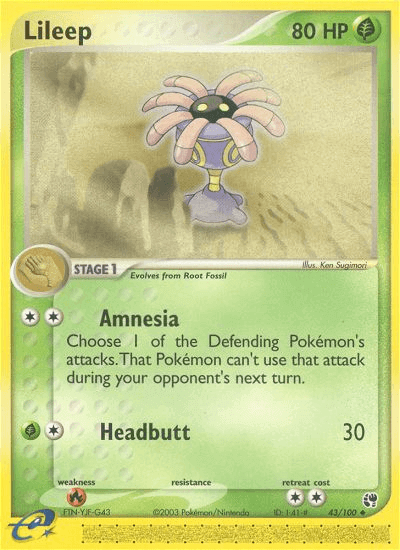 Lileep (43/100) [EX: Sandstorm] card featuring Grass type with Amnesia and Headbutt moves.