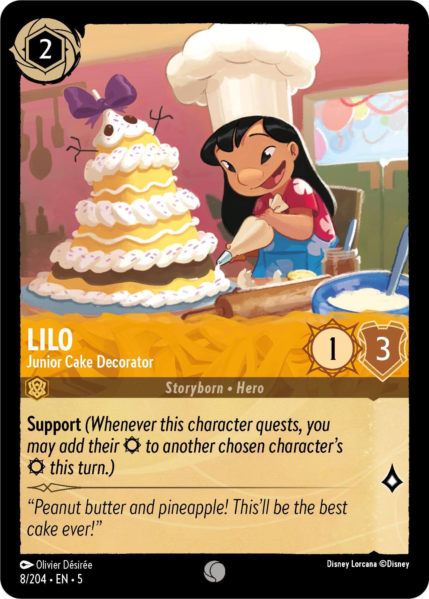 Lilo - Junior Cake Decorator (8/204) [Shimmering Skies] character card with cake design and catchy flavor text.