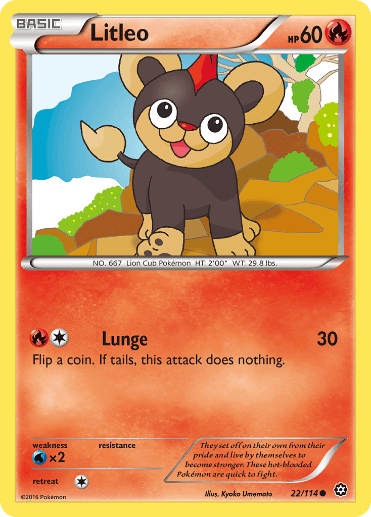 Litleo (22/114) [XY: Steam Siege] card featuring a cute lion cub Pokémon in a colorful setting.