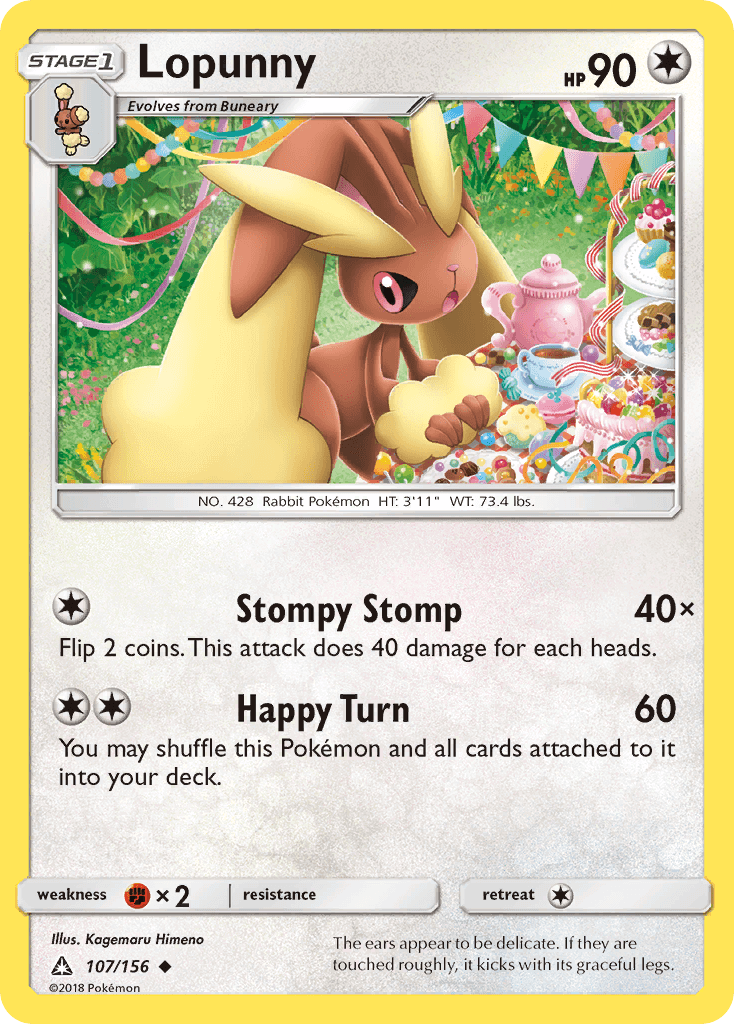 Lopunny (107/156) [Sun & Moon: Ultra Prism] card displaying HP, moves, and colorful background.
