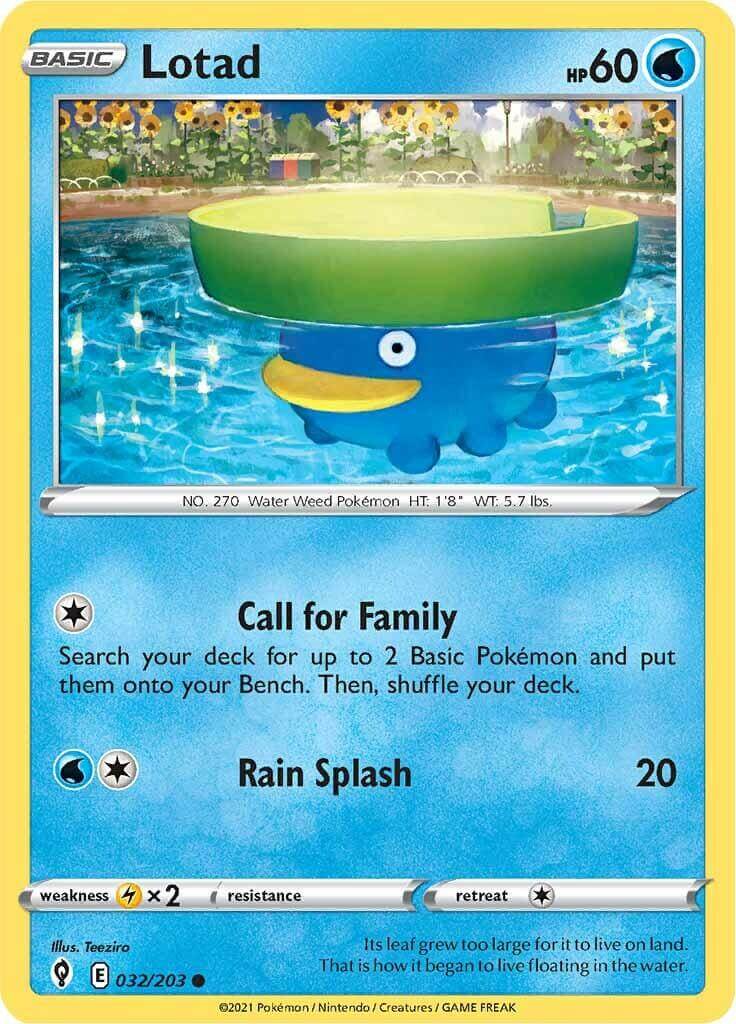 Lotad (032/203) [Sword & Shield: Evolving Skies] Pokémon card featuring a Water type in a scenic setting.