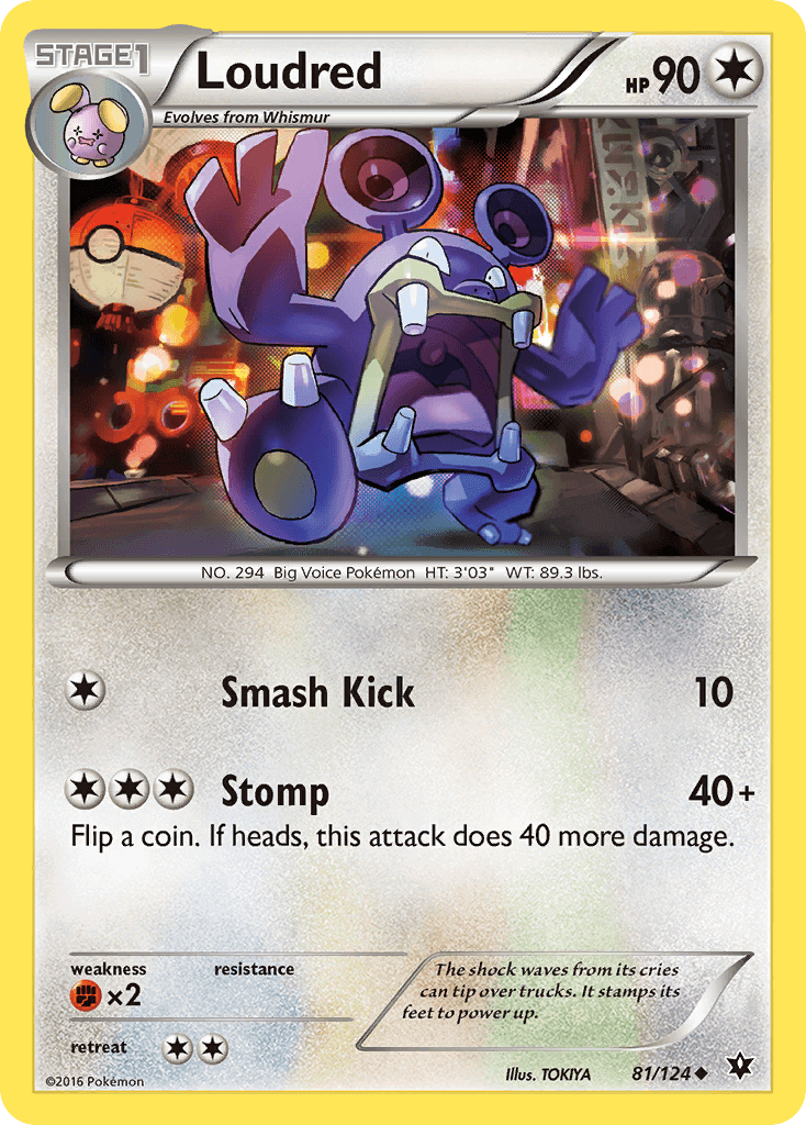 Loudred (81/124) [XY: Fates Collide] card featuring its attacks Smash Kick and Stomp in a vibrant design.