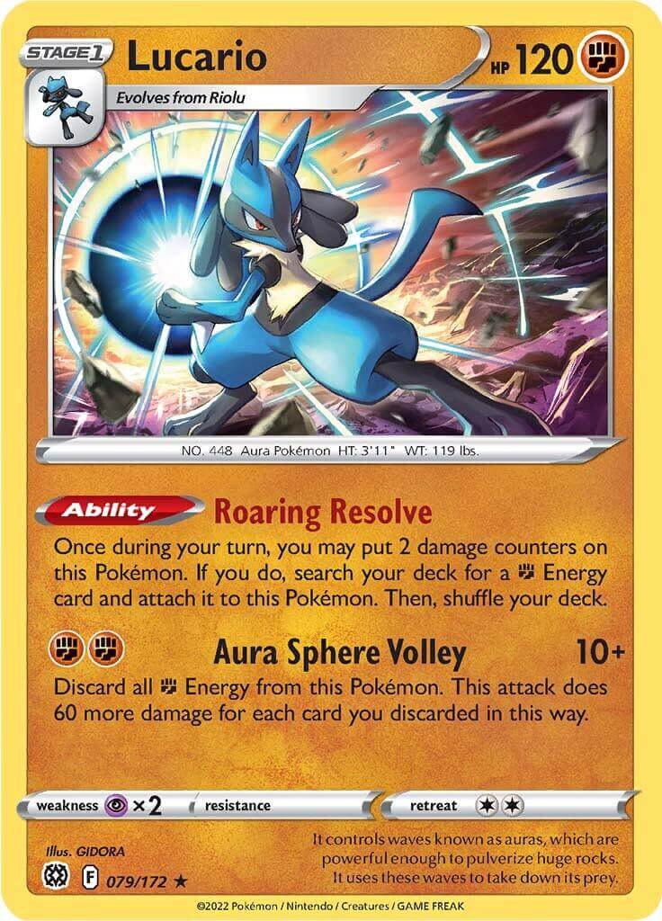Lucario (079/172) [Sword & Shield: Brilliant Stars] card showcasing Roaring Resolve and Aura Sphere Volley abilities.
