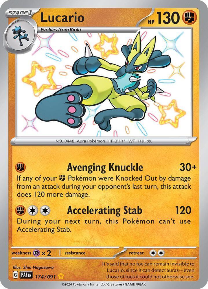 Lucario (174/091) [Scarlet & Violet: Paldean Fates] card featuring Avenging Knuckle and Accelerating Stab moves.