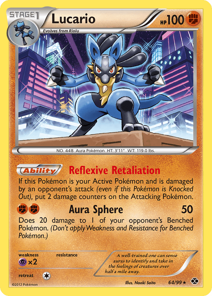 Lucario (64/99) [Black & White: Next Destinies] holographic card showcasing Aura Sphere and Fighting type features.