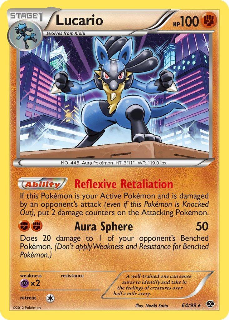 Lucario (64/99) (Cosmos Holo) (Blister Exclusive) [Black & White: Next Destinies] card featuring Fighting type abilities.