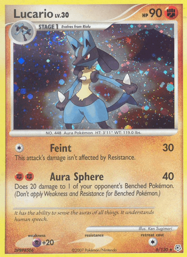 Lucario (6/130) [Diamond & Pearl: Base Set] holographic card featuring Fighting type, attack details and rarity information.