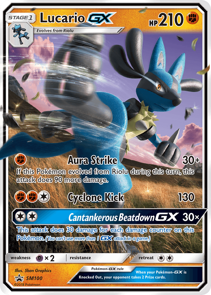 Lucario GX (SM100) [Sun & Moon: Black Star Promos] card showcasing Aura Strike and Cyclone Kick moves.