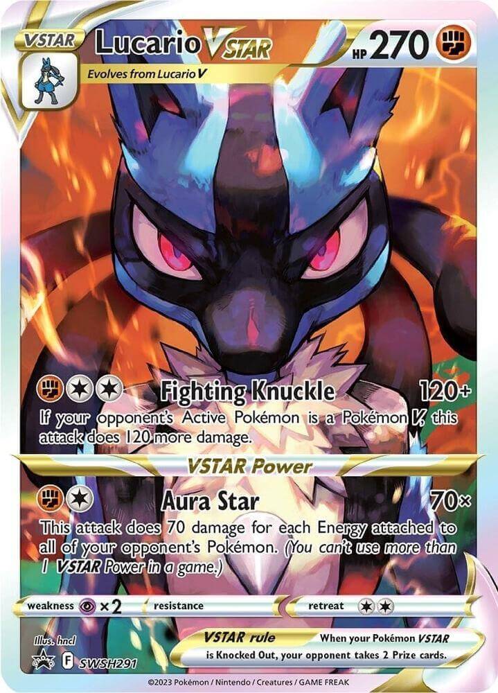 Lucario VSTAR (SWSH291) [Sword & Shield: Black Star Promos] card showcasing Fighting Knuckle and Aura Star moves.