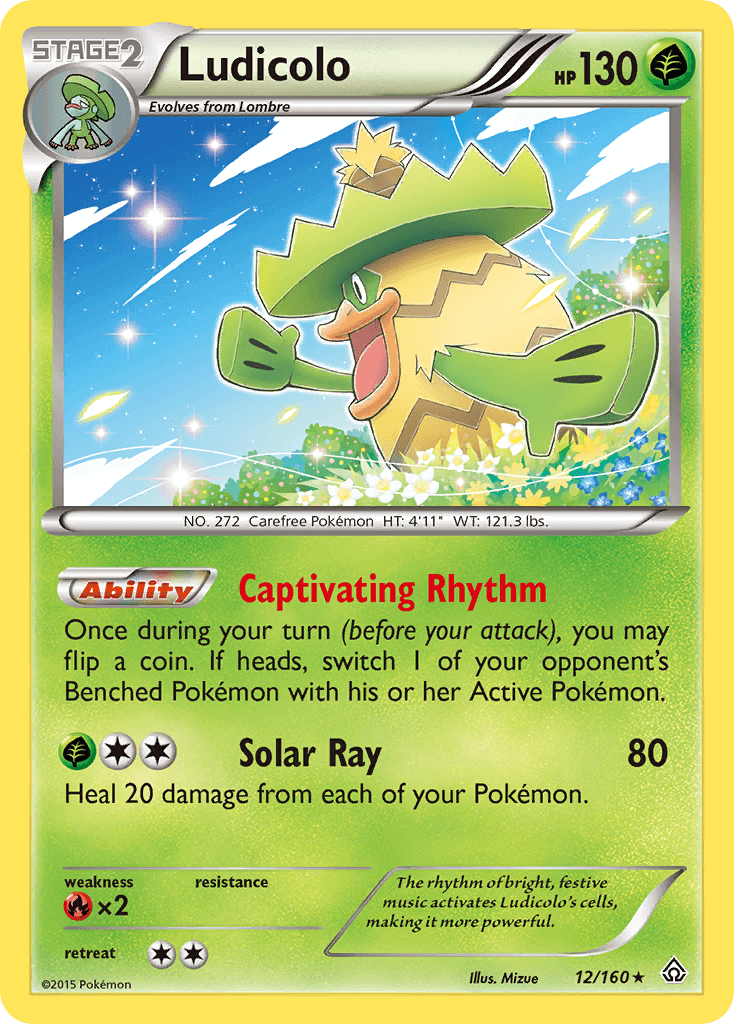 Ludicolo (12/160) [XY: Primal Clash] Holo Rare card showing captivating rhythm ability and solar ray attack.