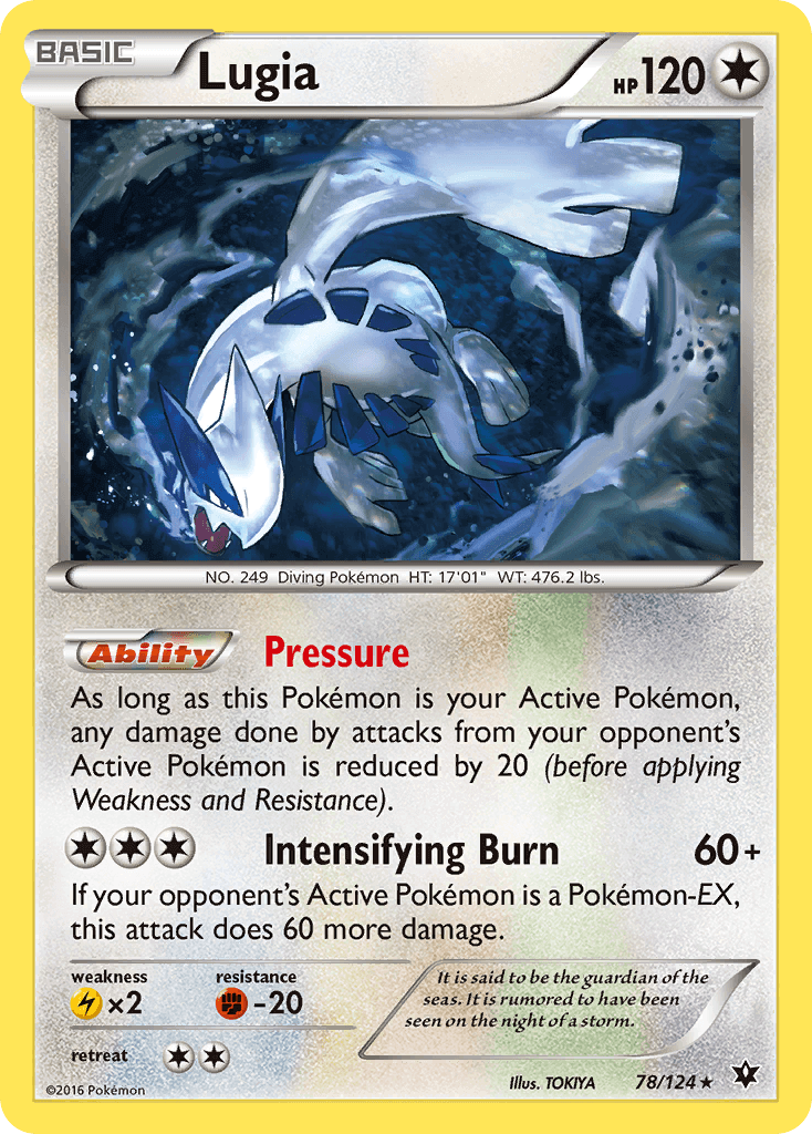 Lugia (78/124) [XY: Fates Collide] featuring Pressure ability and Intensifying Burn attack illustration.