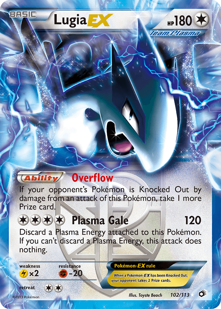 Lugia EX (102/113) [Black & White: Legendary Treasures] ultra rare card featuring Overflow and Plasma Gale abilities.