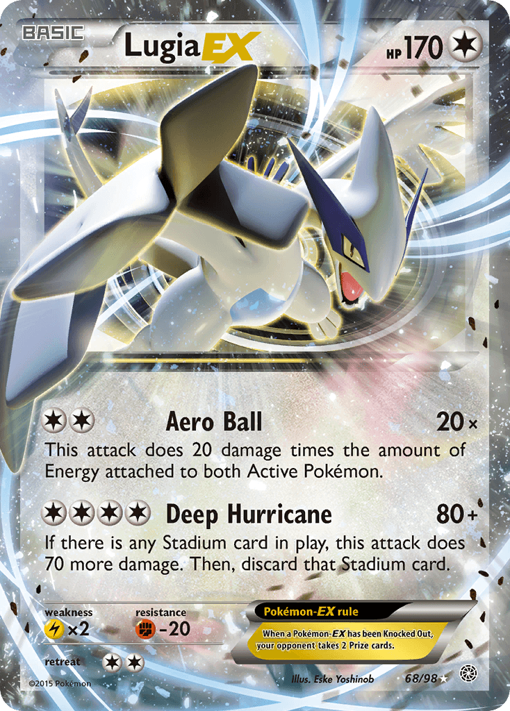 Lugia EX (68/98) [XY: Ancient Origins] card featuring Aero Ball and Deep Hurricane attacks.