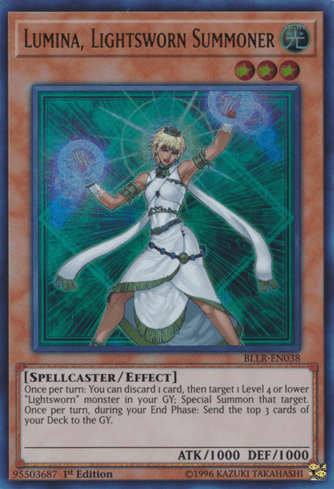 Lumina, Lightsworn Summoner [BLLR-EN038] Ultra Rare card image showcasing its abilities and artwork.