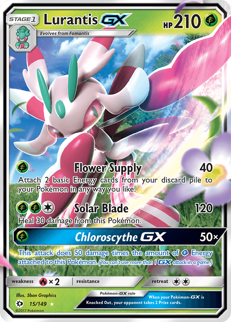 Lurantis GX (15/149) [Sun & Moon: Base Set] card showcasing Flower Supply and Solar Blade attacks.
