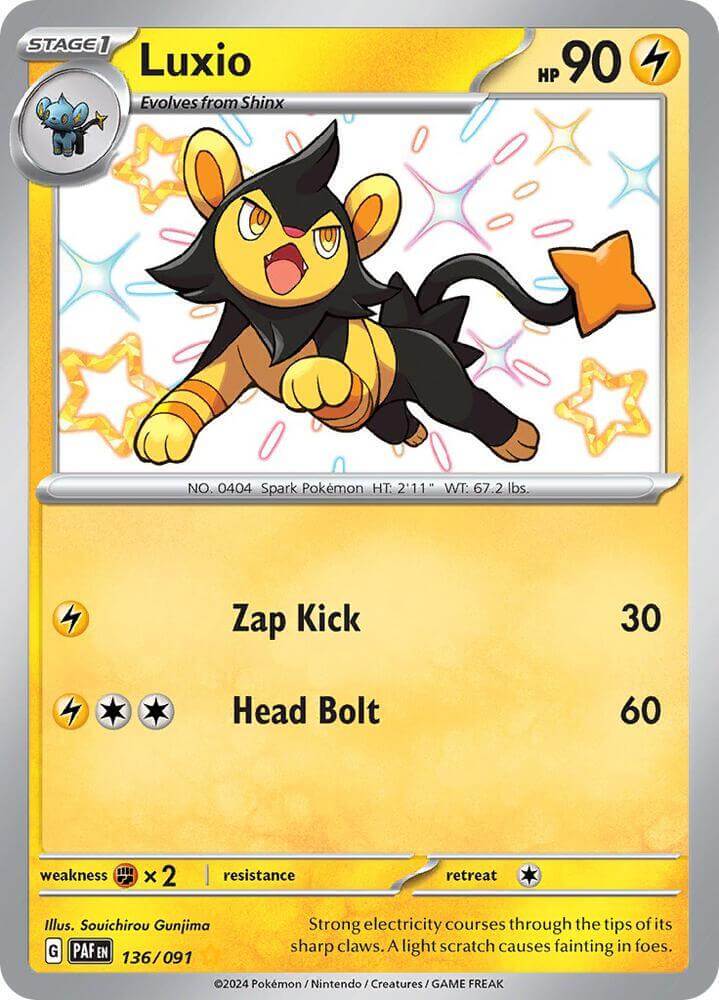 Luxio (136/091) [Scarlet & Violet: Paldean Fates] Lightning type Pokémon card showcasing Zap Kick and Head Bolt attacks.