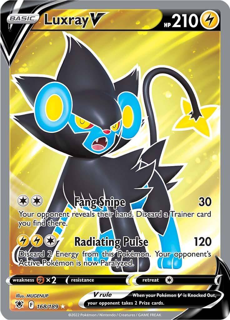 Luxray V (168/189) [Sword & Shield: Astral Radiance] card featuring Fang Snipe and Radiating Pulse moves.