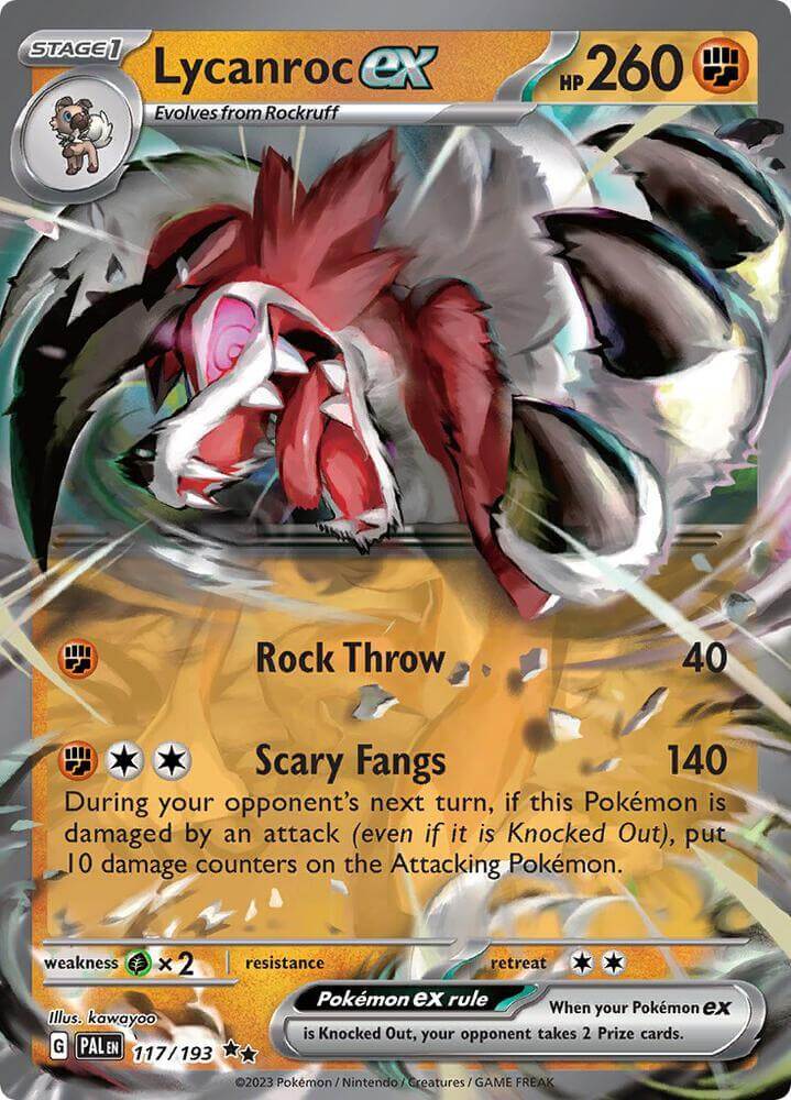 Lycanroc ex (117/193) [Scarlet & Violet: Paldea Evolved] card showcasing HP260, Rock Throw, and Scary Fangs attacks.