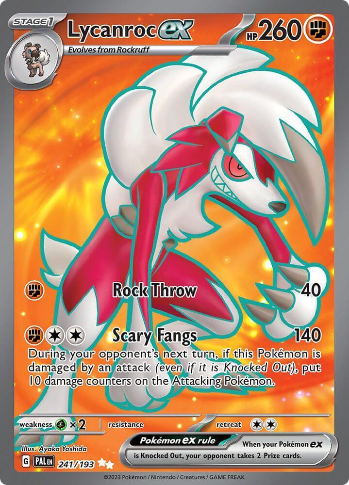 Lycanroc ex (241/193) [Scarlet & Violet: Paldea Evolved] card featuring HP 260 and abilities Rock Throw and Scary Fangs.