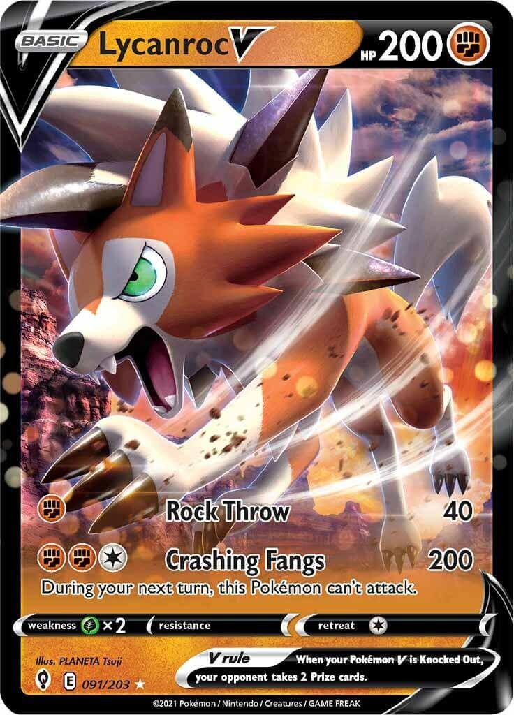 Lycanroc V (091/203) [Sword & Shield: Evolving Skies] card featuring powerful moves and striking artwork.