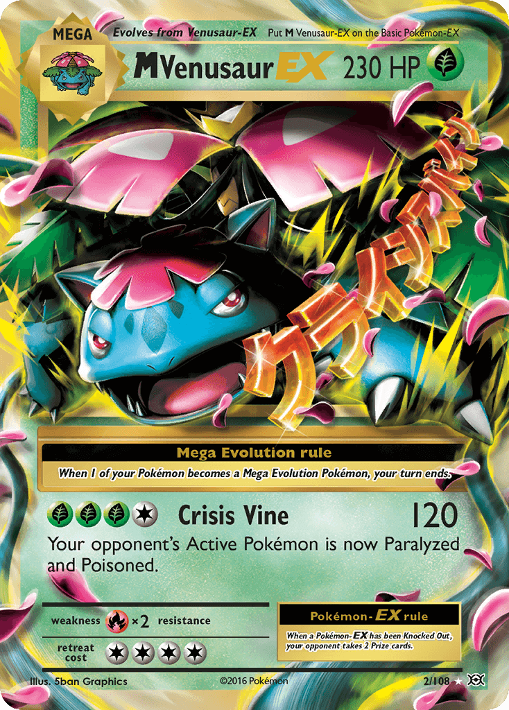 M Venusaur EX (2/108) [XY: Evolutions] card featuring Mega Evolution and Crisis Vine attack.