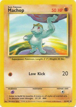 Machop (52/102) [Base Set Unlimited] card featuring Superpower Pokémon with Low Kick attack and 50 HP.