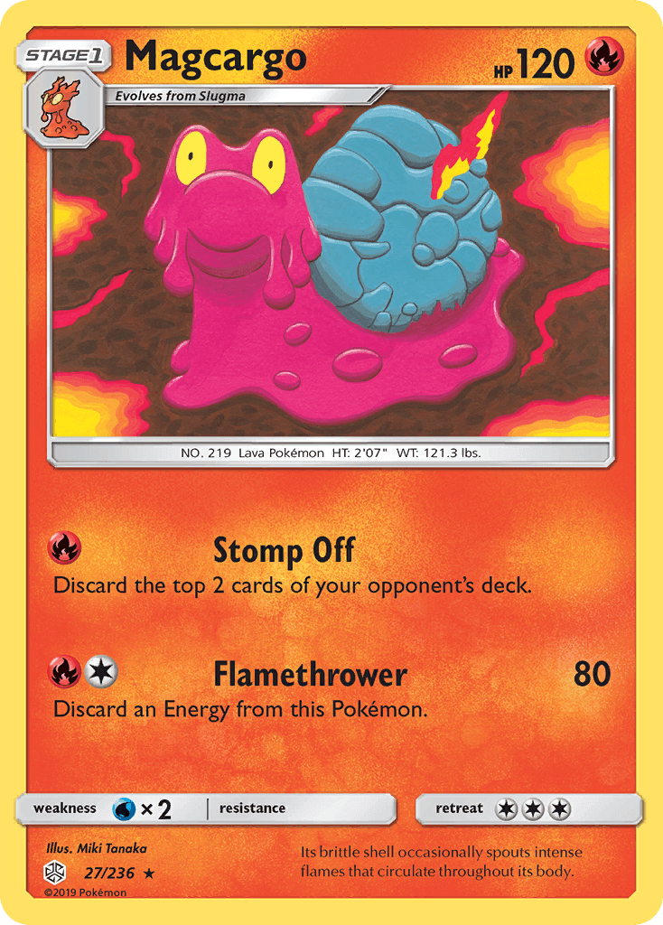 Magcargo (27/236) [Sun & Moon: Cosmic Eclipse] trading card featuring Fire-type attributes and rarity details.
