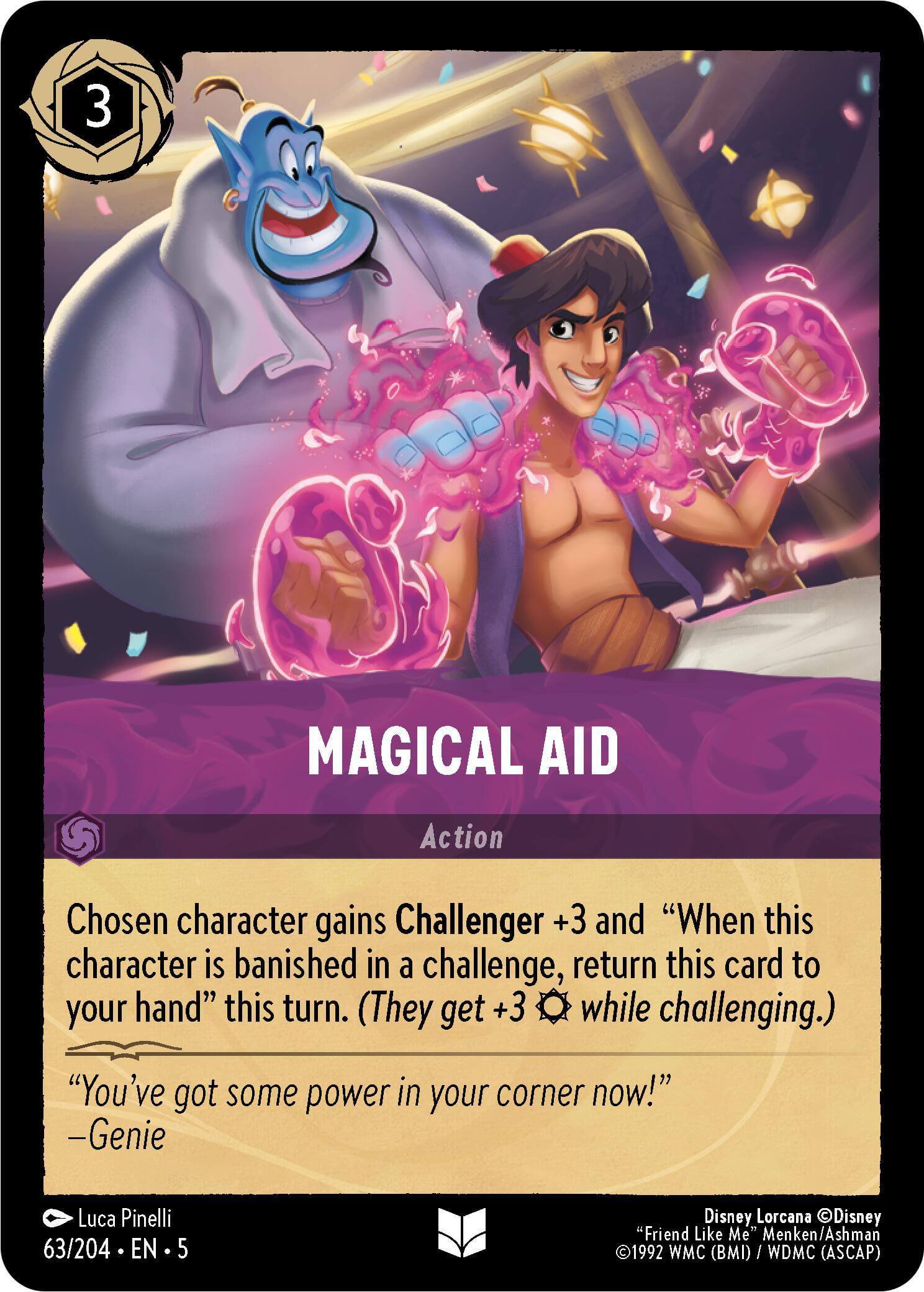 Magical Aid (63/204) [Shimmering Skies] card showcasing action to boost character strength.