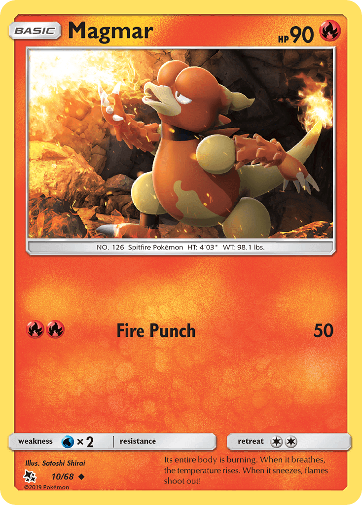 Magmar (10/68) [Sun & Moon: Hidden Fates] card featuring Fire Pokémon with HP 90 and Fire Punch attack.